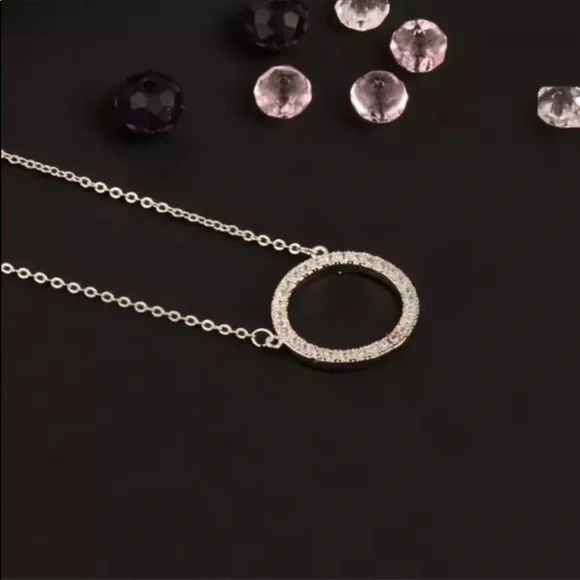 New - Classic Pave Circle Necklace Rhodium Plated - Picture 4 of 5